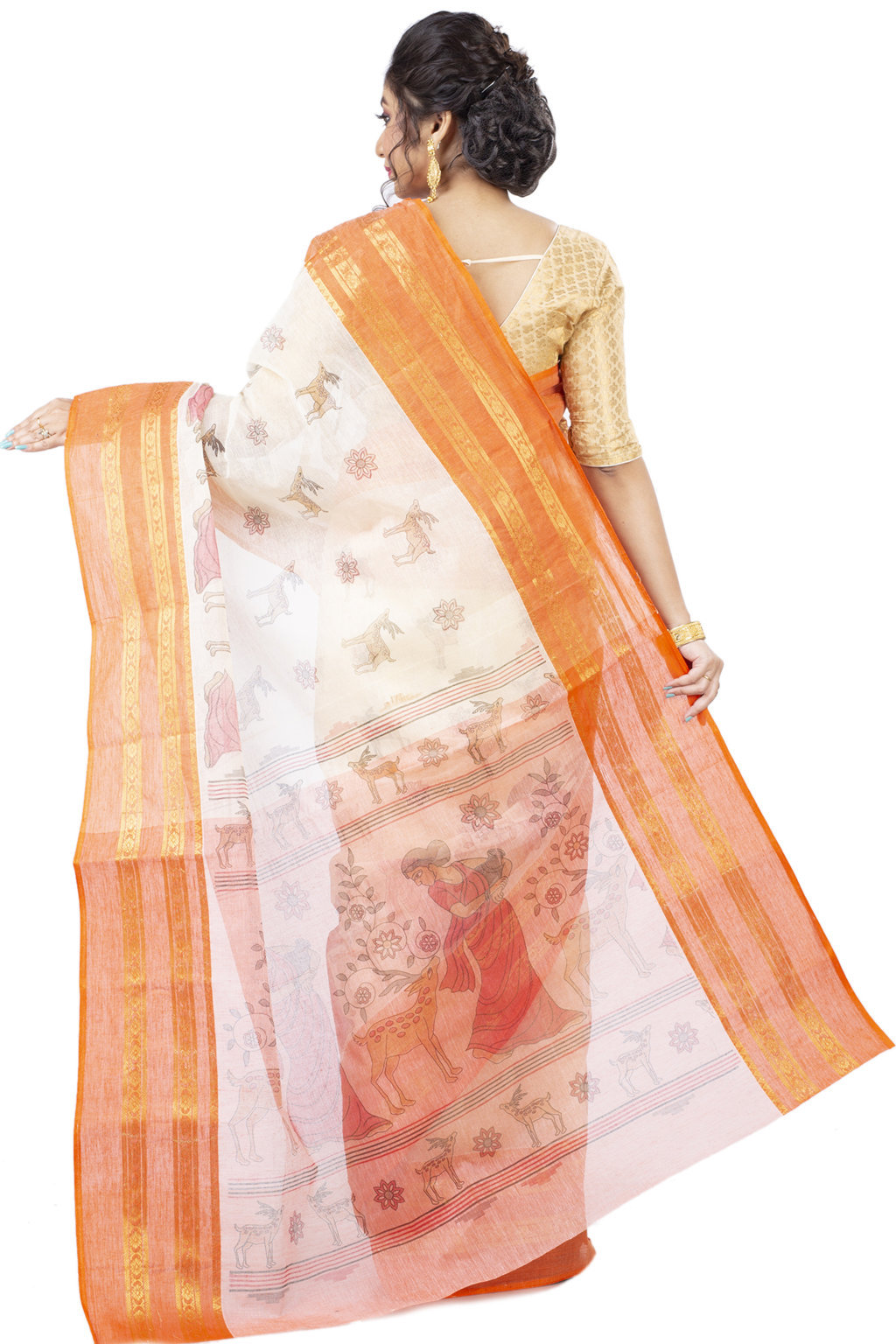 Orange Pure Cotton Sakuntala Tant Saree Print (1955)